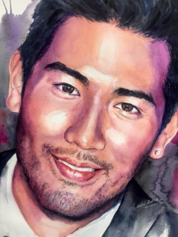 Symphony of Synchronicities watercolor portrait painting of Godfrey Gao by Michal Madison