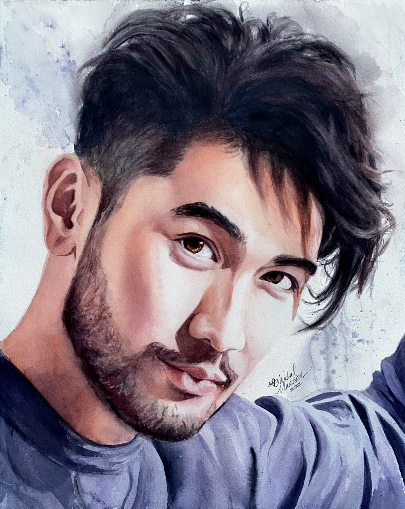 Your Name is Love watercolor portrait painting of Godfrey Gao by Michal Madison
