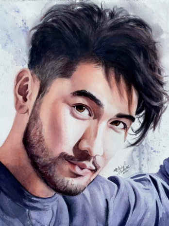 Your Name is Love watercolor portrait painting of Godfrey Gao by Michal Madison
