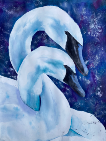 Love Entwined watercolor painting by Michal Madison depicting two swans symbolizing love and union
