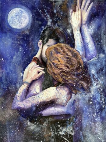 Dancing Between Realms watercolor painting by Michal Madison depicting mystical connection between souls