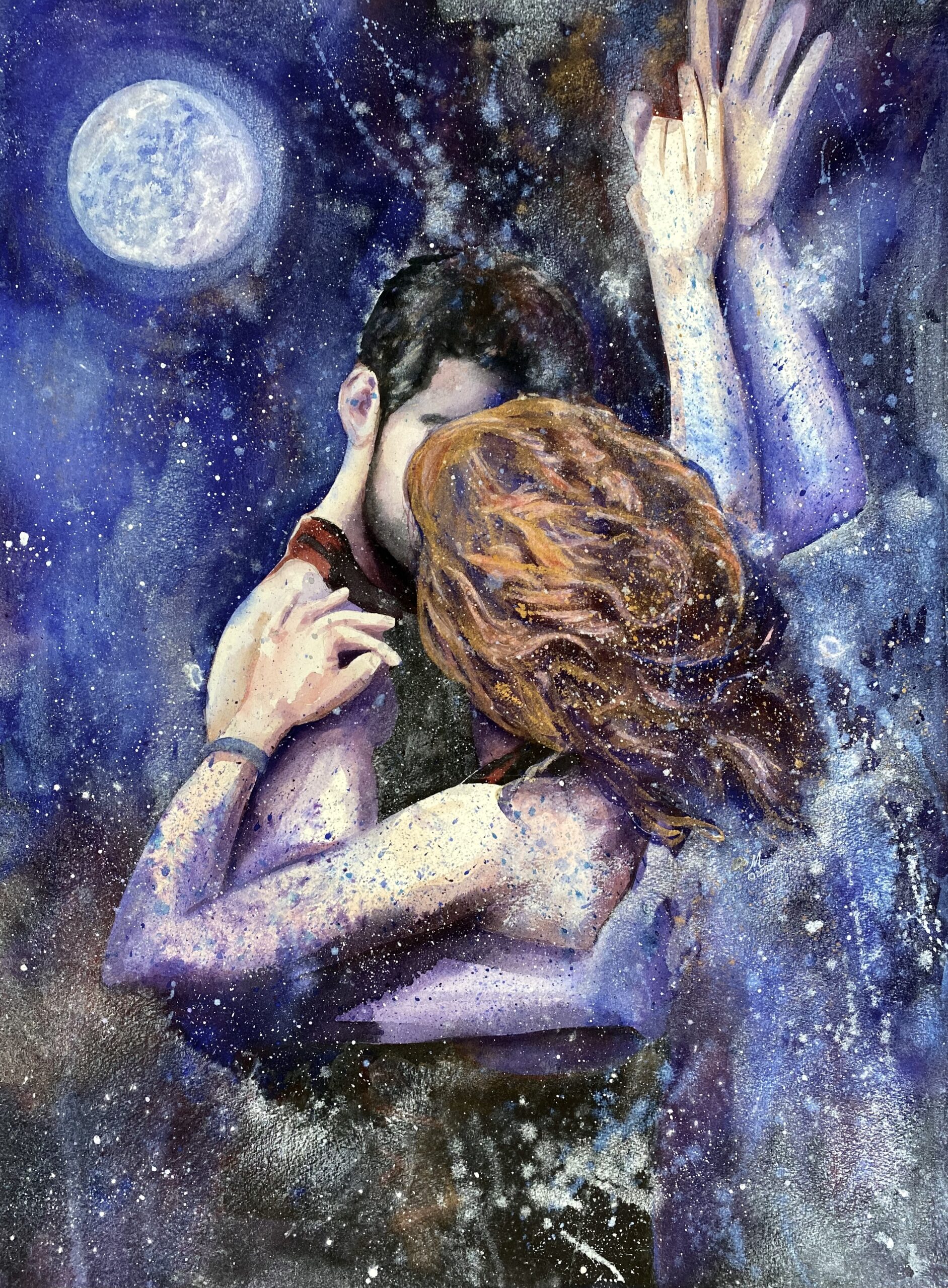 Dancing Between Realms watercolor painting by Michal Madison depicting mystical connection between souls