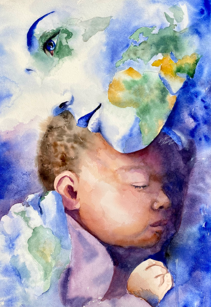 Child of Gaia watercolor painting by Michal Madison from the Dancing Between Realms series symbolizing new life and the spirit of the earth