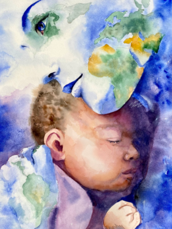 Child of Gaia watercolor painting by Michal Madison from the Dancing Between Realms series symbolizing new life and the spirit of the earth