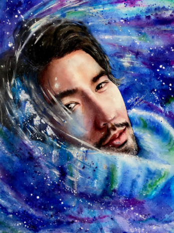 Cosmic Heart of Godfrey Gao watercolor portrait painting by Michal Madison from the Dancing Between Realms series depicting a luminous cosmic portrait of actor Godfrey Gao