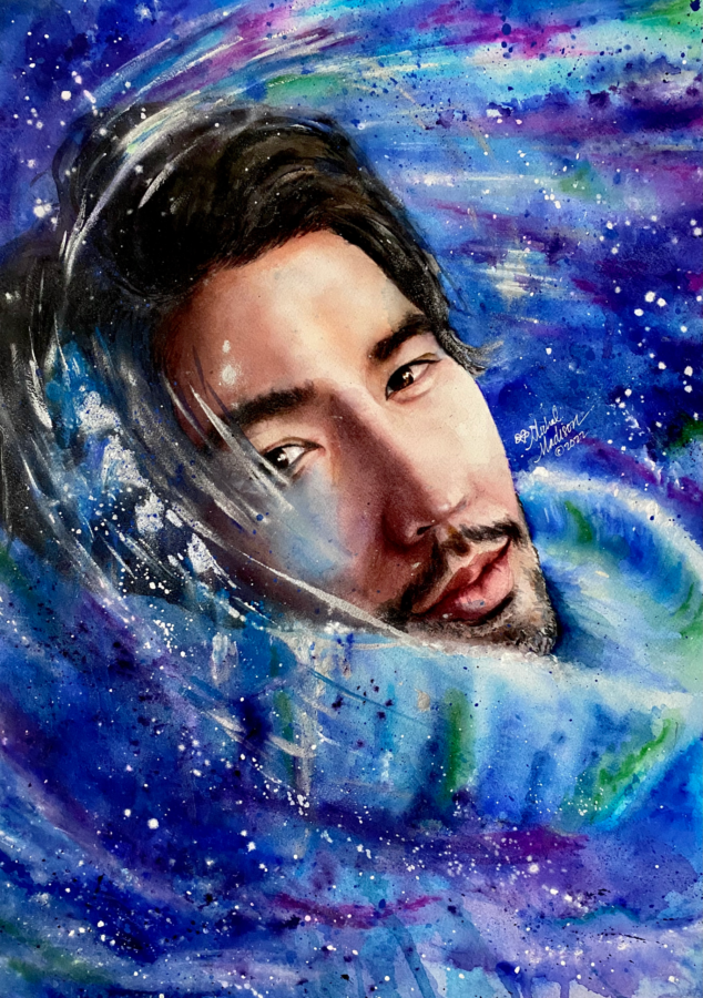 Cosmic Heart of Godfrey Gao watercolor portrait painting by Michal Madison from the Dancing Between Realms series depicting a luminous cosmic portrait of actor Godfrey Gao