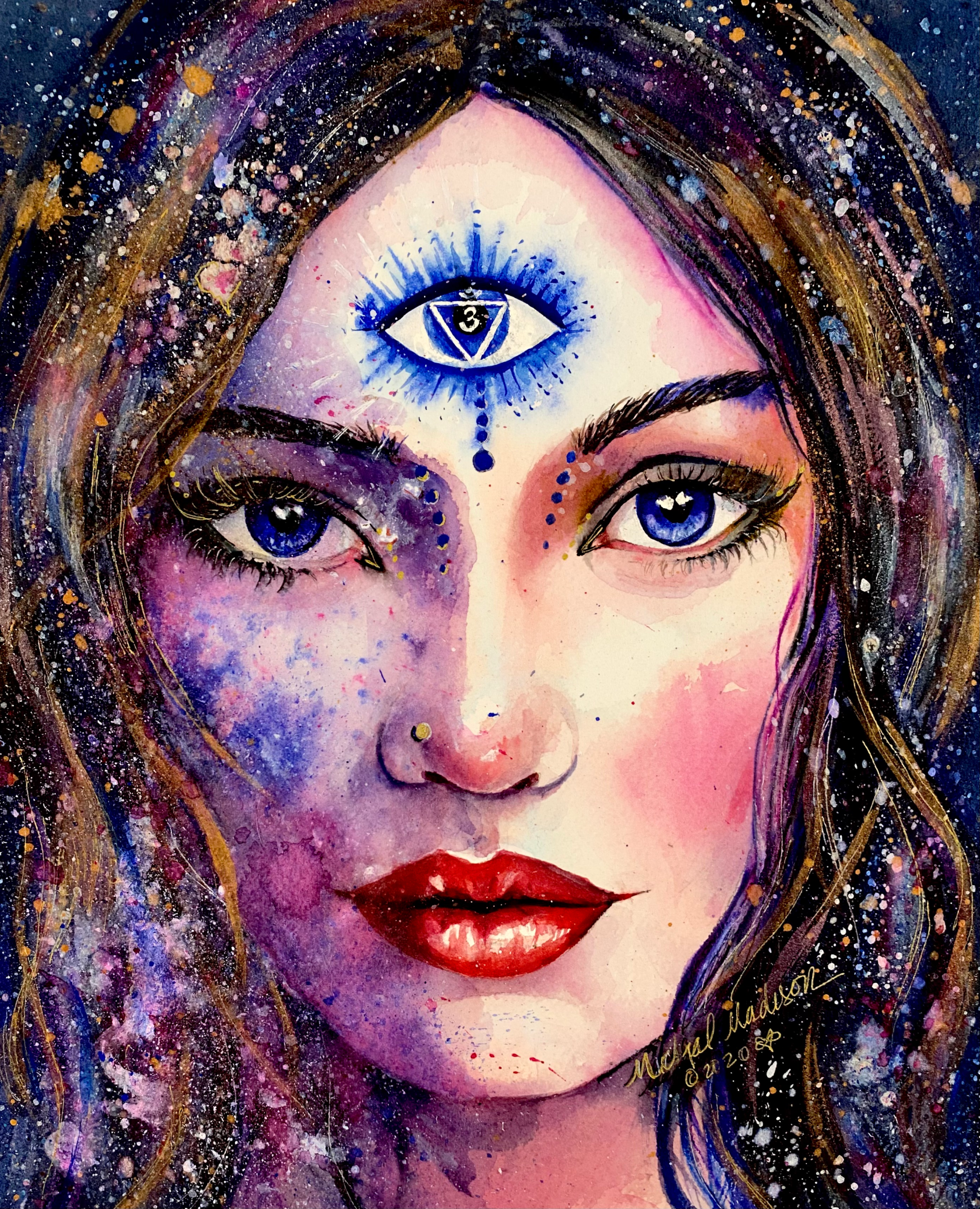 Watercolor portrait painting Eye of the Soul by Michal Madison from the series Dancing Between Realms