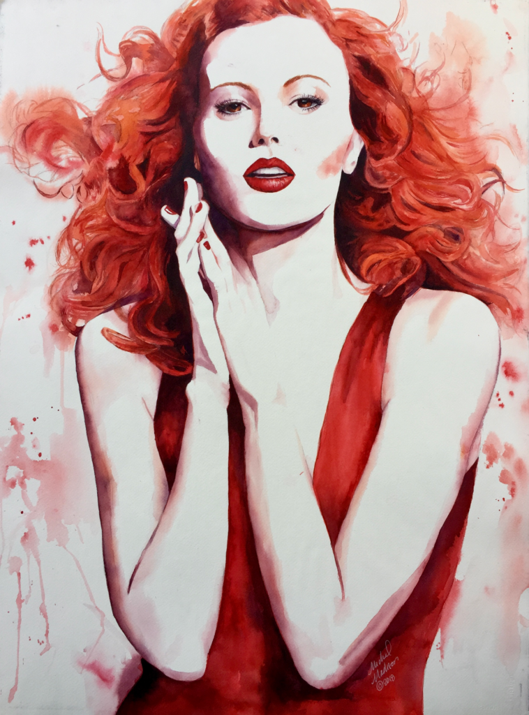 Goddess of Fire watercolor portrait painting by Michal Madison representing passion, transformation, and the elemental power of fire