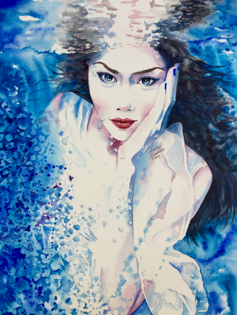 Goddess of Water watercolor portrait painting by Michal Madison from the Dancing Between Realms series representing emotion and the element of water