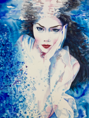 Goddess of Water watercolor portrait painting by Michal Madison from the Dancing Between Realms series representing emotion and the element of water