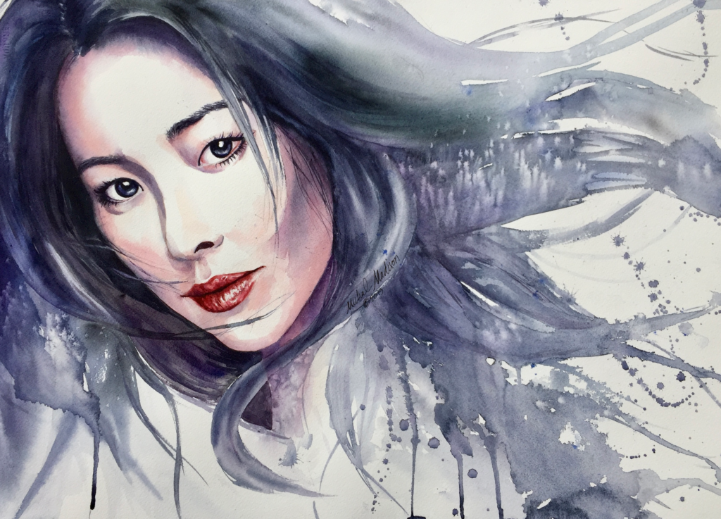 Goddess of Winter is a watercolor portrait painting by Michal Madison from the Dancing Between Realms series