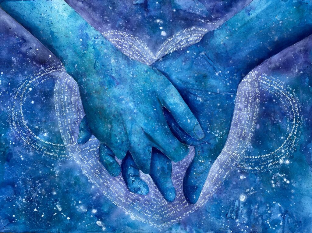 One Soul One Flame One Love watercolor painting by Michal Madison depicting two hands forming a heart symbol of eternal love and soul connection