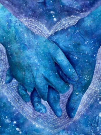 One Soul One Flame One Love watercolor painting by Michal Madison depicting two hands forming a heart symbol of eternal love and soul connection