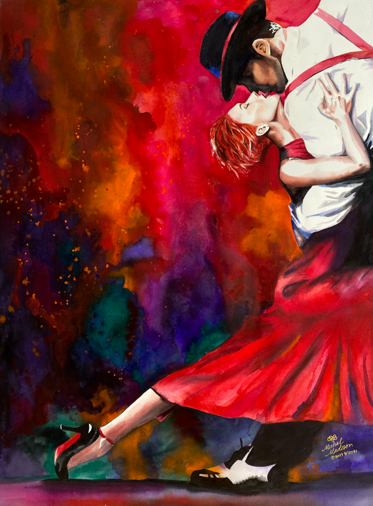 Passion Rising watercolor painting by Michal Madison depicting dancers expressing passion and creative energy