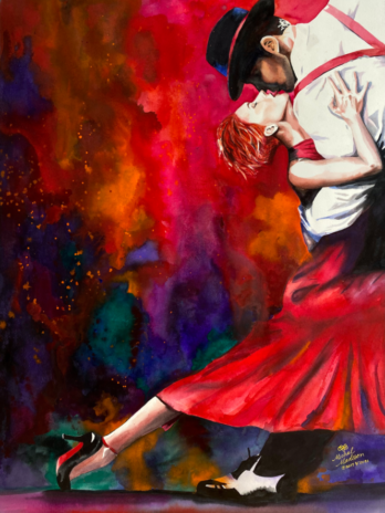 Passion Rising watercolor painting by Michal Madison depicting dancers expressing passion and creative energy